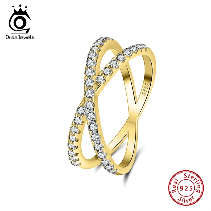 

ORSA JEWELS 14K Gold 925 Sterling Silver X Shaped CZ Rings for Women Classic Double 4A Zircon Eternity Band Rings Jewelry SR240