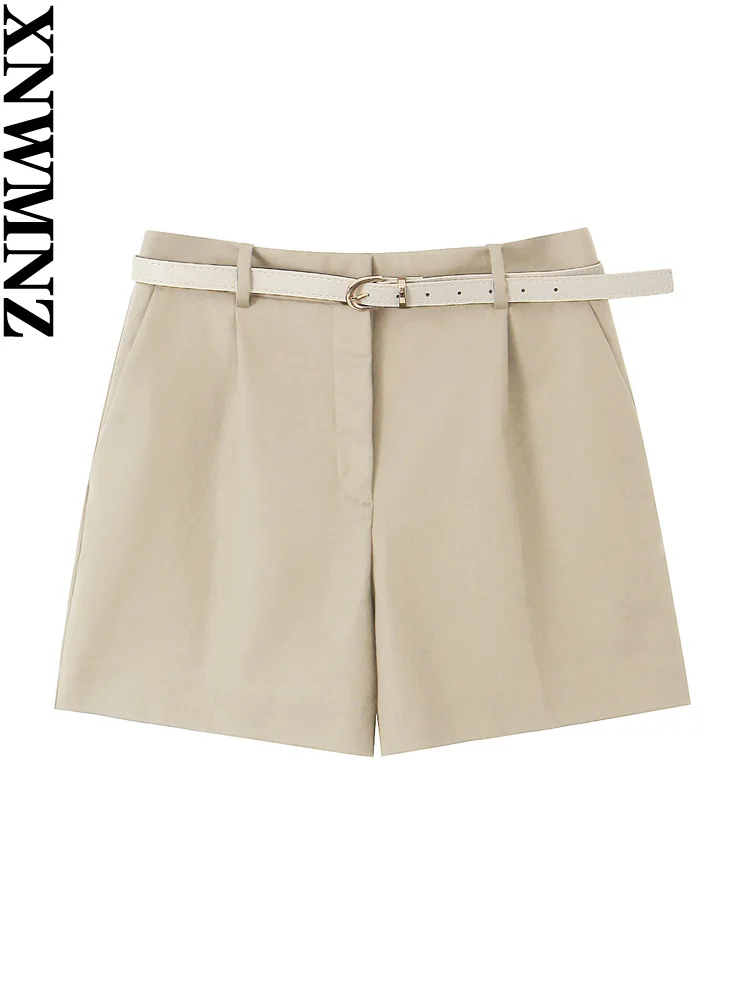 

XNWMNZ Women Fashion New Belt Bermuda Shorts Woman High Waist Casual Versatile Side Pockets Female Chic Shorts