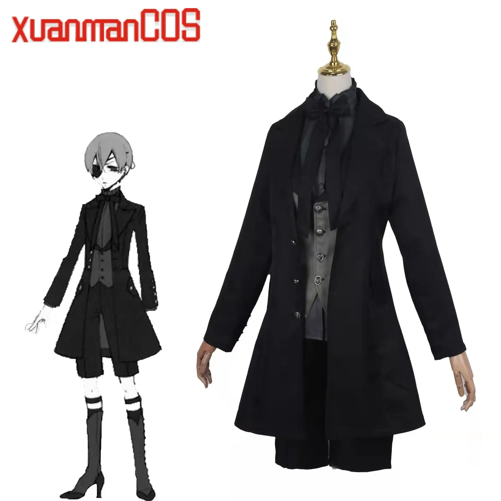 

Anime Black Butler Cosplay Costume Role Ciel Phantomhive Custom Men Satin Uniform Pants with Long Coat Halloween Carnival