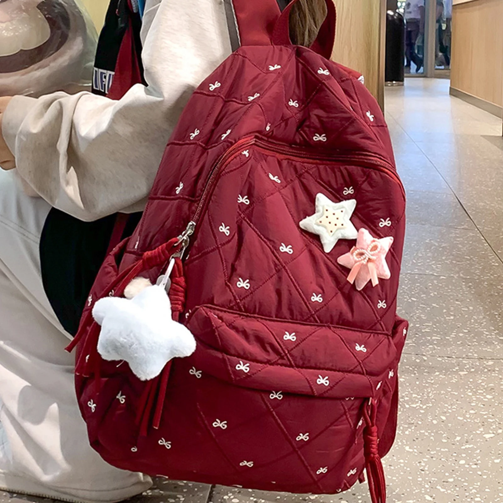 Soft Nylon Padded Rucksack with Pendant Bow Embroidery School Bag Large Capacity Bowknot Laptop Daypack Commute Backpack