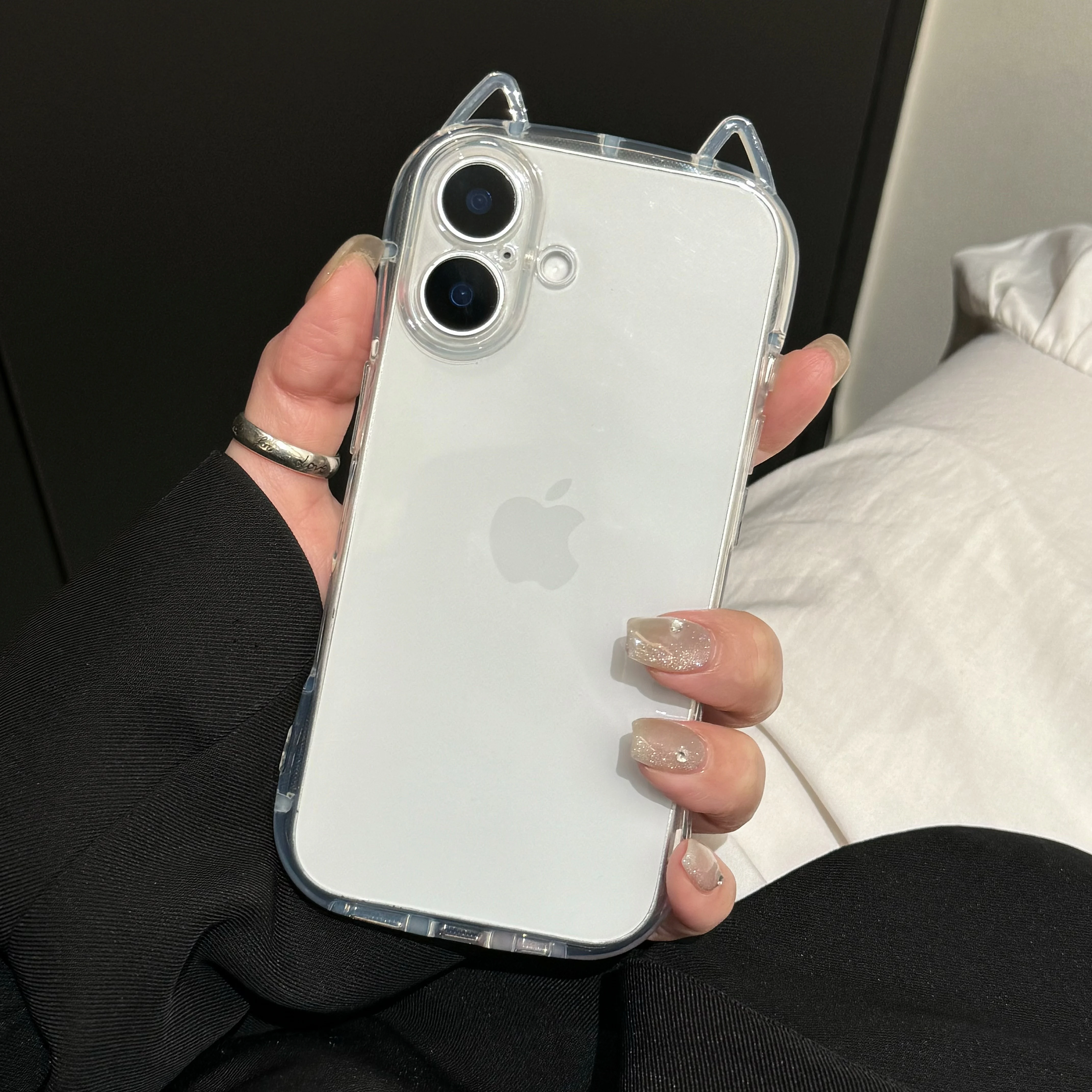 Charming Cartoon Cat Ear Silicone Shockproof Phone Case - Transparent Cover