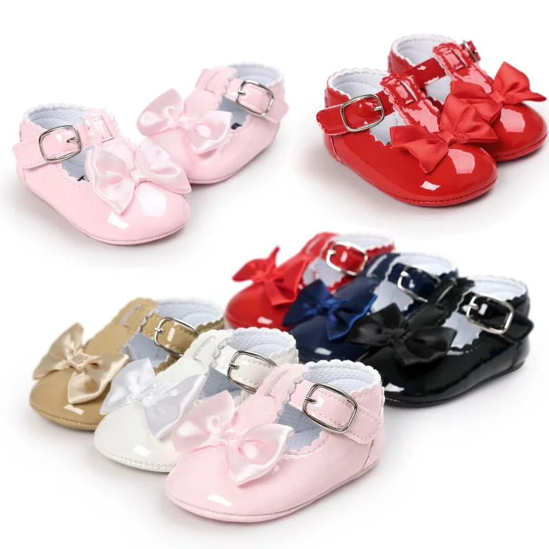 Mirror Pu Leather Non-Slip Baby Princess Shoes For Newborn Girls Comfortable Casual Flat Shoes Bow Buckle Soft Soled Shoes