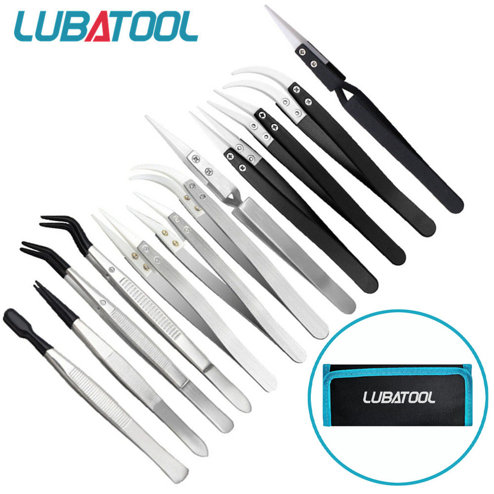  10Pcs Tweezers Set With Bag Ceramic Industrial Electronic ESD Stainless Steel Anti-Static Precision Tweezer Kits Repair Tools 