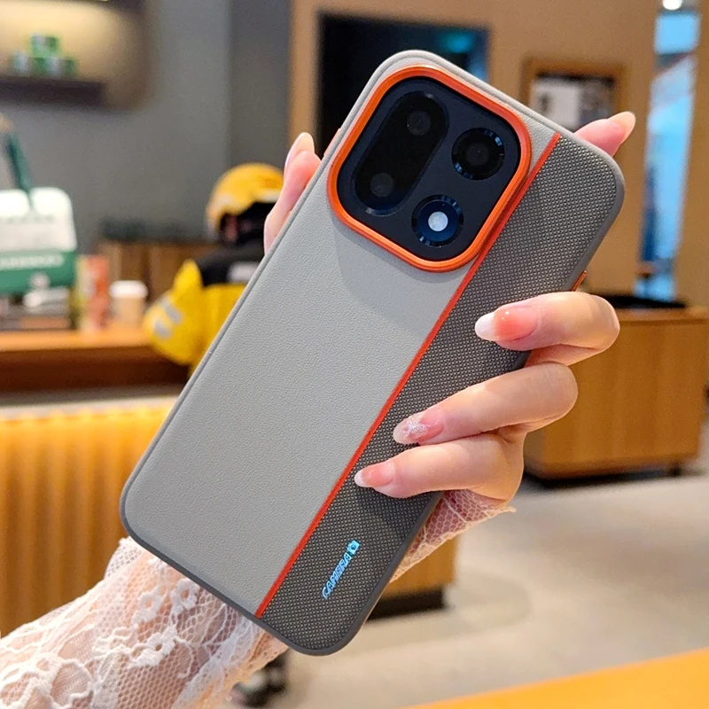 Luxury Leather Texture Color-block Design Shockproof Bumper Back Cover with Metal Camera Lens Ring