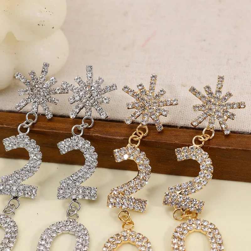 New Rhinestone Snowflake 2026 Pendant Long Drop Earrings for Women Crystal Geometric Tassel Number Dangle Earrings New Year Gift