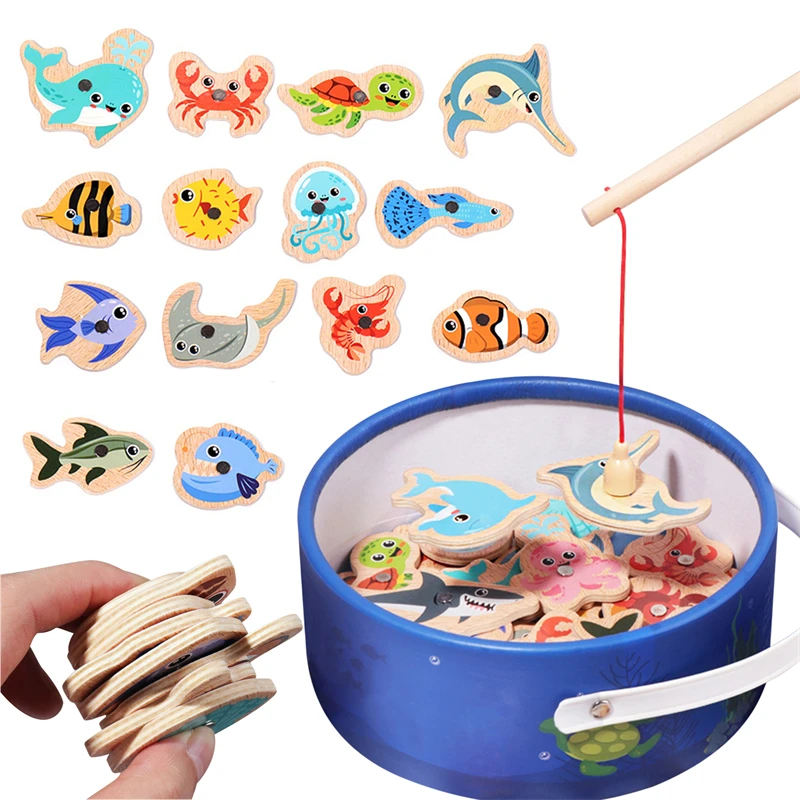 Wooden Magnetic Fishing Toys Montessori Baby Cartoon Marine Life