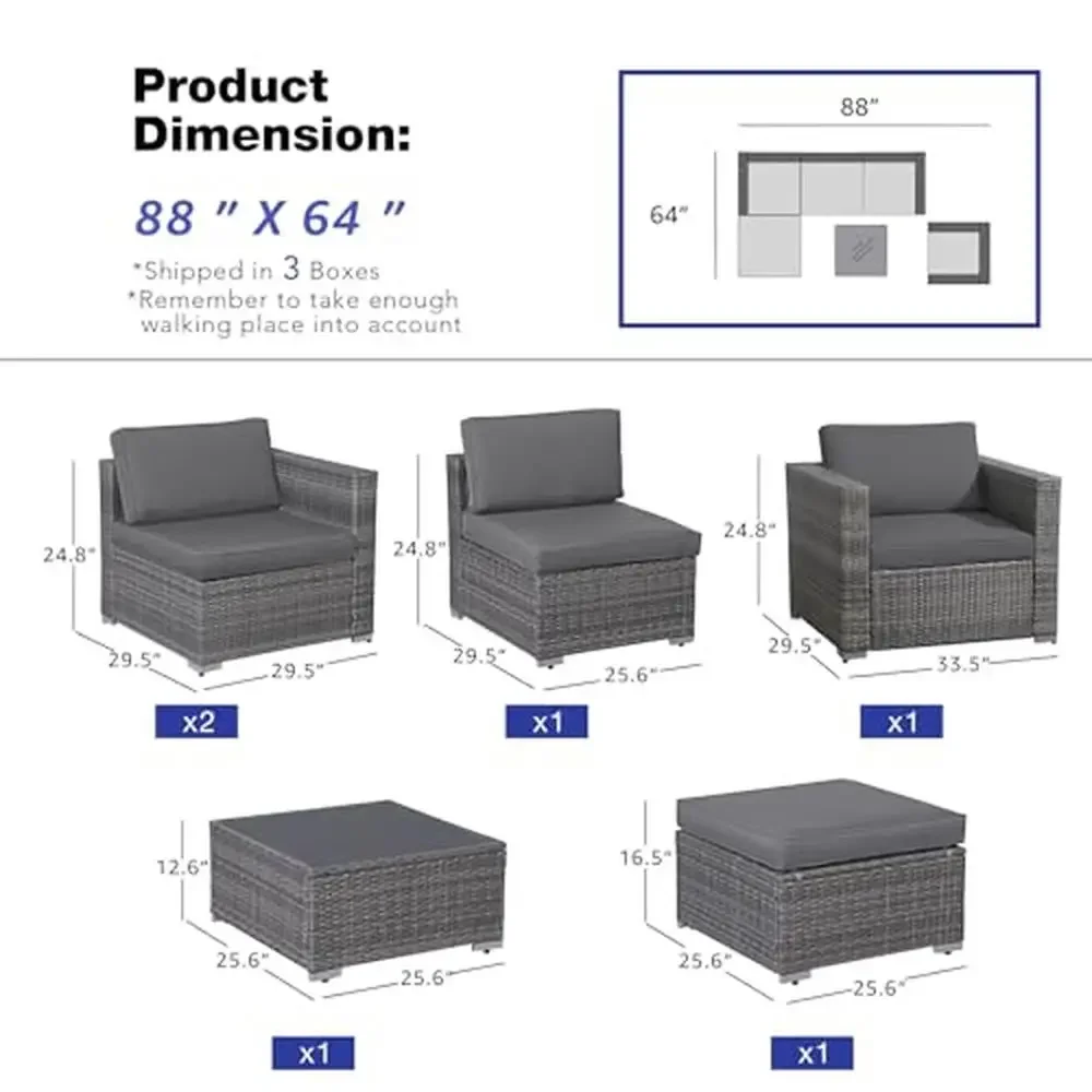 Outdoor Wicker Sectional Sofa Set 6-Piece All-Weather Conversation Furniture Set Grey Rattan Patio Sofas 3
