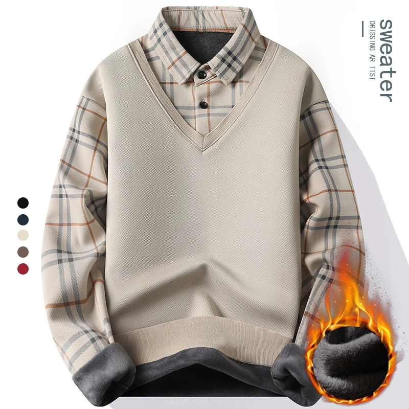 New Mens Fleece Polo Collar Sweater Fake 2 Pieces Patchwork Velvet Pullovers Slim Fit Tops Elegant Knitted Sweaters men long sleeve sweater