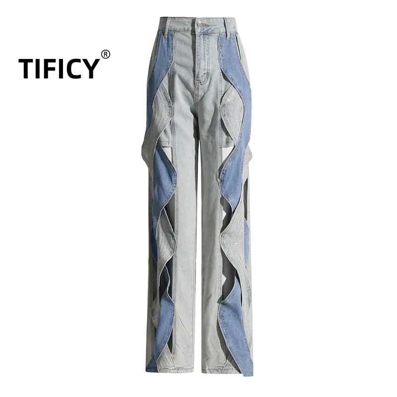 TIFICY Fashion Personalized Design Autumn Mid Rise Long Straight Contrast Hollow Out Denim Pants Women's Jeans Pant