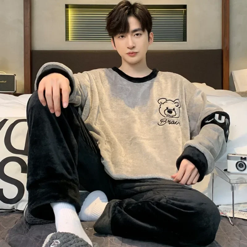 Winter Warm Flannel Pajama Set Men Long Sleeve Thick For Men Coral Velvet Cute Cartoon Suit Pyjamas Homewear New Sleepwear