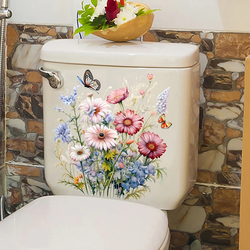 Bathroom Toilet Flower Stickers Minimalist Butterfly Flower Pattern Self-adhesive Paintings For Bathroom Living Decorations