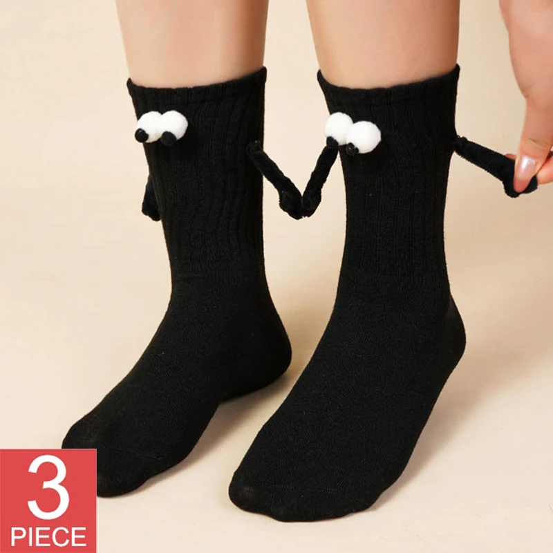

3 Pairs Magnetic Suction Hand In Hand Socks Unisex Holding Hands Cotton Mid Tube Socks Absorption Sports Cute Striped Sock