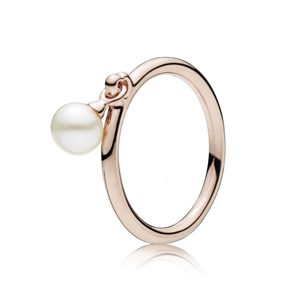 

Authentic 925 Sterling Silver Rose Gold Dangling Pearl Fashion Ring For Women Gift DIY Jewelry