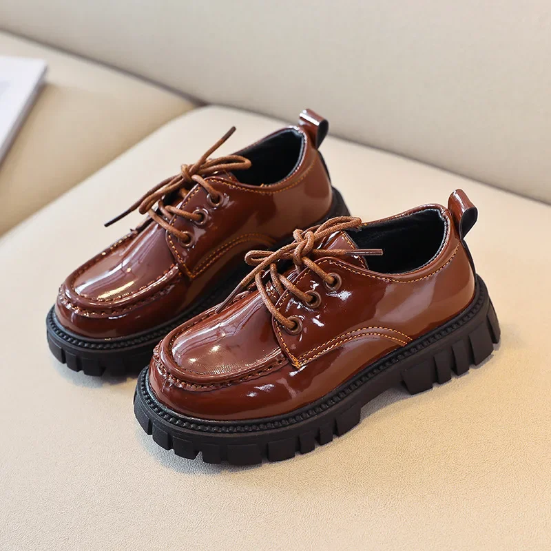 Leather Shoes Children Leather Shoes for Boys Girls Thick Sole Lace-up Kids School Leather Shoes for Wedding Party Show British Style Black