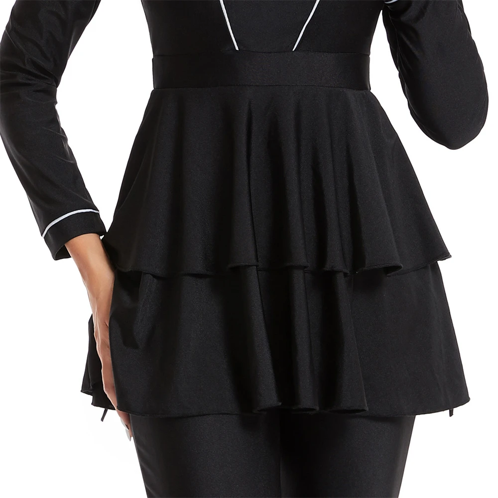 black color modest fashionable swimwear with flowy mini skirt and matching hijab