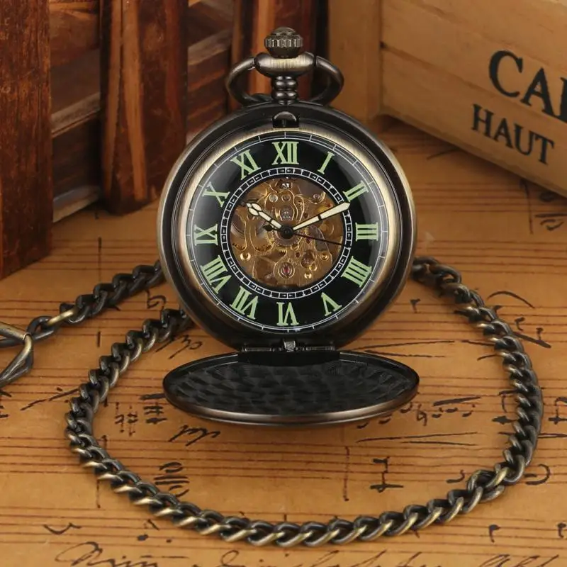 Bronze Luminous Roman Numerals Dial Unisex Automatic Mechanical Pocket Watches Pendant Chain Skeleton Clock Full Hunter Gift retro vintage men women automatic mechanical pocket watch unisex skeleton clock luminous hands with fob pendant chain reloj