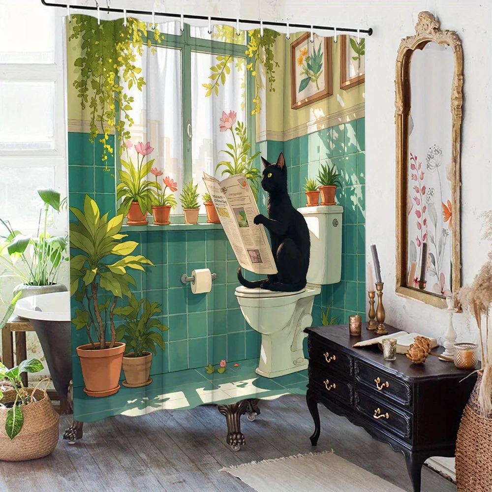 ม่านอาบน้ำลายแมวตลกอ่านหนังสือ ฉากแมวดำในห้องน้ำ ดีไซน์ศิลปะ ผ้ากันน้ำ สำหรับคนรักสัตว์เลี้ยง 1