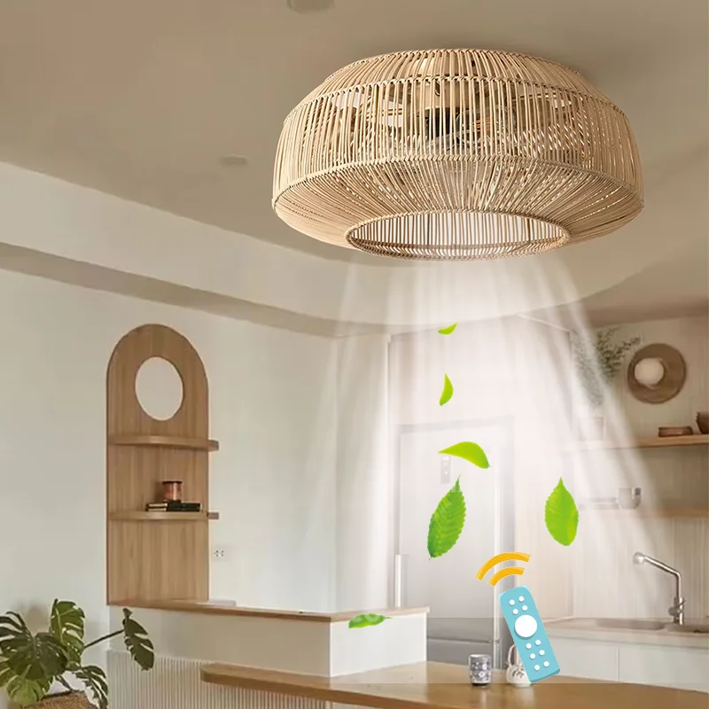 Rattan Ceiling Fan with Lights Remote Control 6 Speeds Reversible DC FAN New Bedroom Ventilator Fan Lights Ceiling Lamp