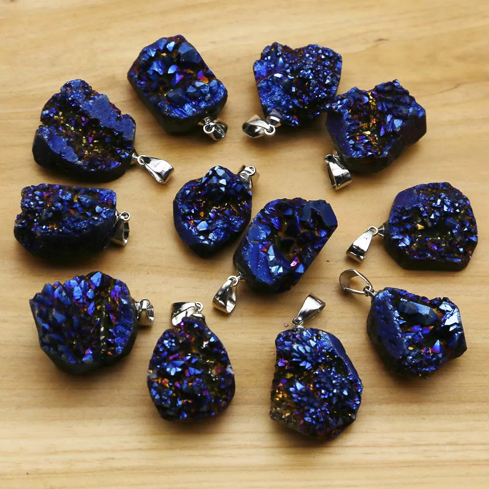 Natural Raw Ore Stone Electroplated Blue Colorful Irregular Crystal Cluster Pendant Necklace Jewelry Accessories Wholesale 12Pcs