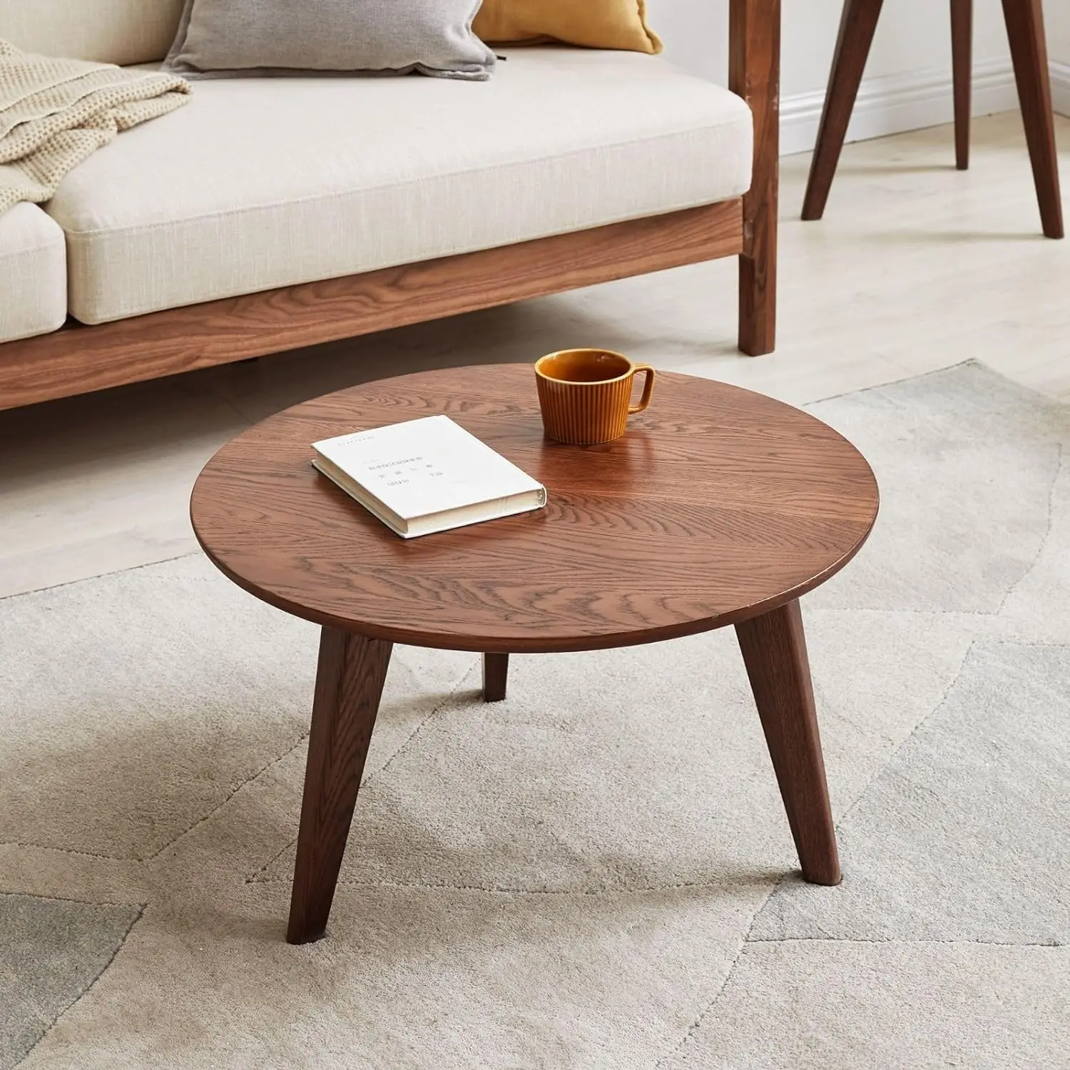 100% FAS Solid Oak Wood Mini Coffee Table - Natural Walnut Finish Round Coffee Table-Low Tea Table