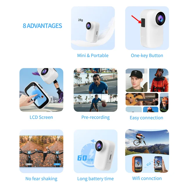 New 4K Wifi Thumb Camera Action Camera Recorder Anti-Shake Touch Screen Sport Camera for Motorcycle Riding Car Video DV Shooting 4