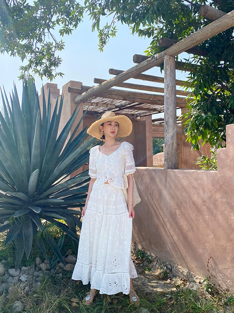 GypsyLady French Chic Embroidery Maxi Skirt White Casual