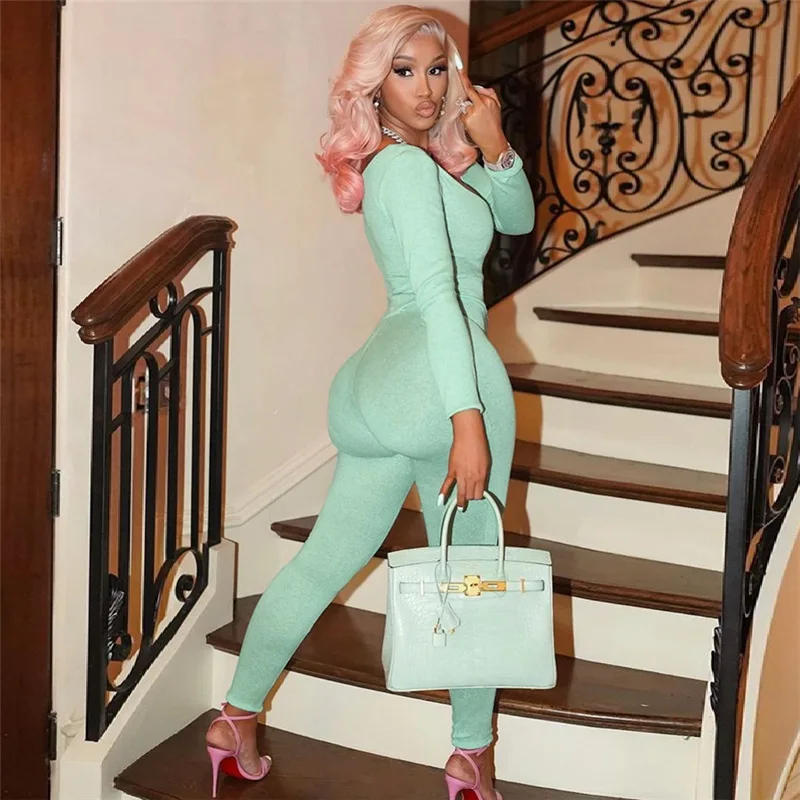 

Women Skinny Jumpsuit 2023 Autumn Full Sleeve Pencil Pants Bodycon Fashion Fitness Streetwear Y2K One Piece Jogging Overalls