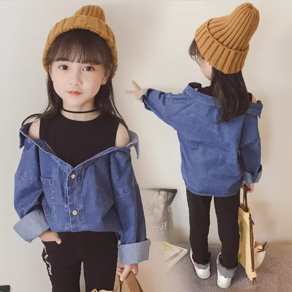 여아 데님 블라우스 어린 여아용 웨스턴 루즈 데님 셔츠 아동용 오프 숄더 티셔츠 2-8T용 키즈 투피스 페이크 탑