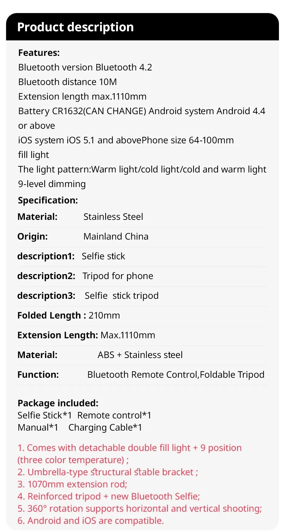 Składany mini statyw do selfie z lampą wypełniającą LED i bezprzewodowym zdalnym wyzwalaczem Bluetooth do smartfonów z systemem iOS i Androidem_voghion.com