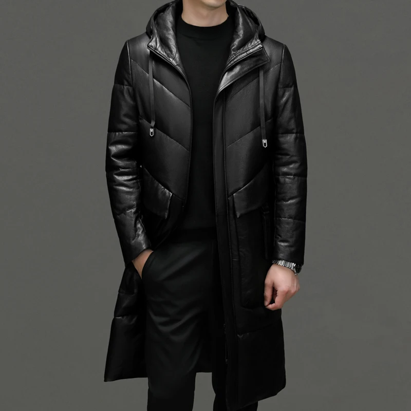 

2024-Fall/Winter New Men's Slim-fit Trend Italian Style Fashion Hooded Down Jacket Casual Dermis Leather Jacket Sheepskin Coat