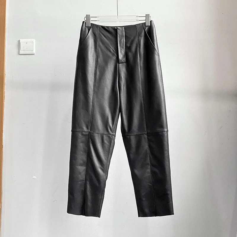 

Women Real Leather Trousers Lady Fashion Long Pants Sheepskin High Waist Zipper TF5298