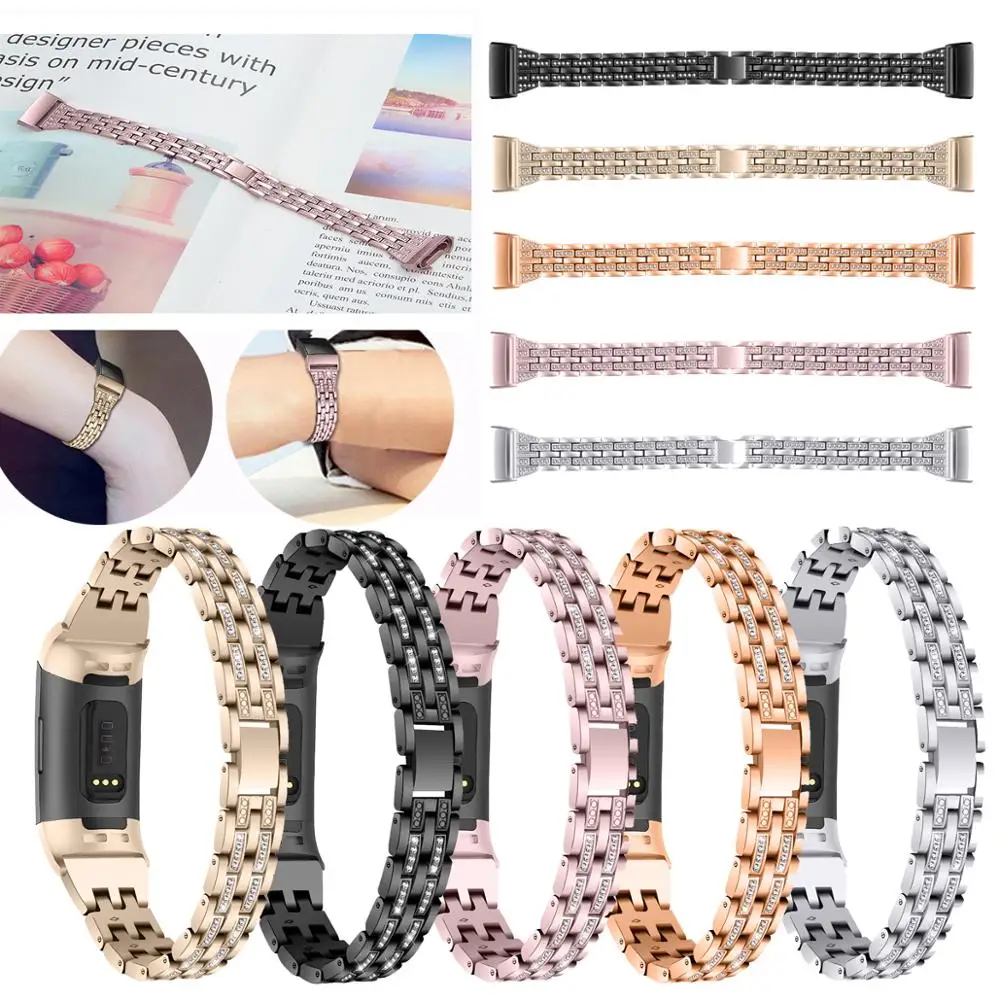 

Strap for Fitbit Charge 3 Diamond Replacement Metal Strap Wrist Strap Stainless Steel Bracelet Wristbands
