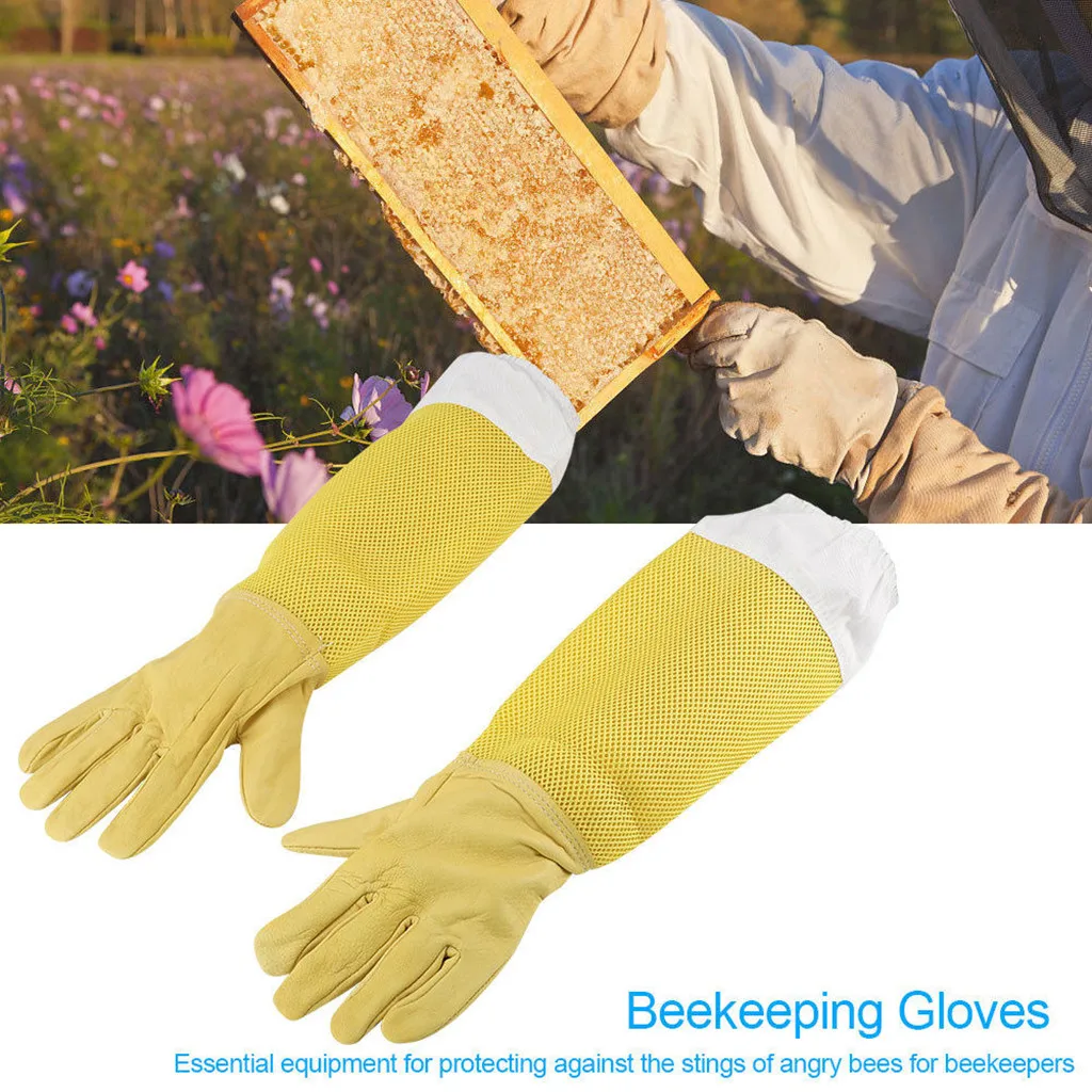 

Beekeeping Gloves, Yellow and White Sheephide Leather Gloves, with Long Cuffs and Breathable Mesh, Soft and Sting Proof Gloves
