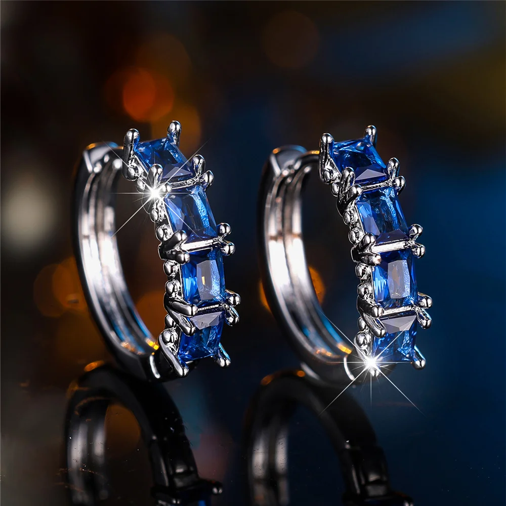 Crystal Blue Green Rainbow Zircon Stone Square Hoop Earrings For Women Fashion Female Silver Color Wedding Jewelry