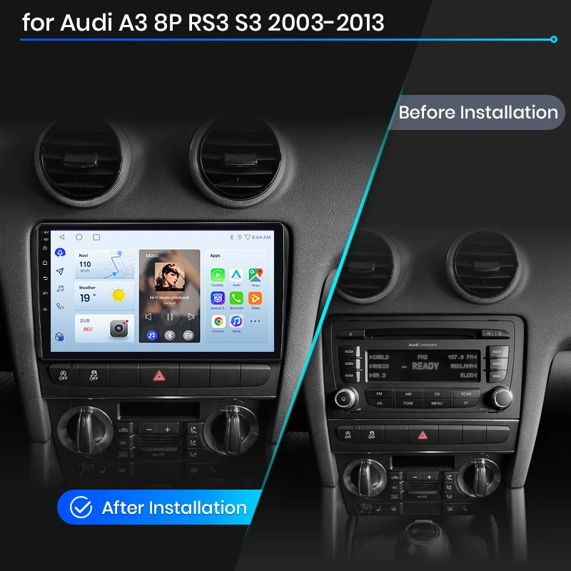 Radio para coche Junsun con CarPlay inalámbrico y Android Auto para Audi A3 / S3 / RS3 (8P) 2003-2013, ventilador de refrigeración integrado, navegación GPS Android, reproductor multimedia, WiFi, DSP, RDS, BT, SWC, pantalla táctil IPS, autorradio, reproductor de vídeo, unidad principal estéreo. 2