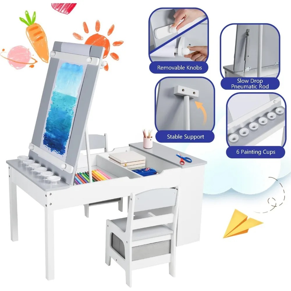 3 in 1 Kids Art Table & Easel Chair Set, Wood Children Activity Table, 6 Storage Bins, Paper Roll, Paint Cups, Playroom
