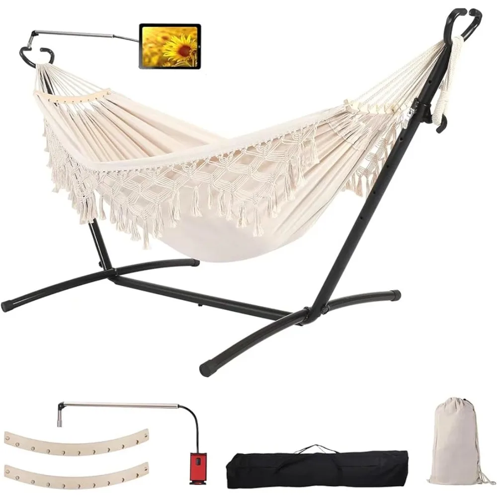

Hammocks Double with Stand Upgraded Phone Holder Portable Heavy Duty Stainless Steel Indoor Outdoor Patio Yard Beach Hammocks