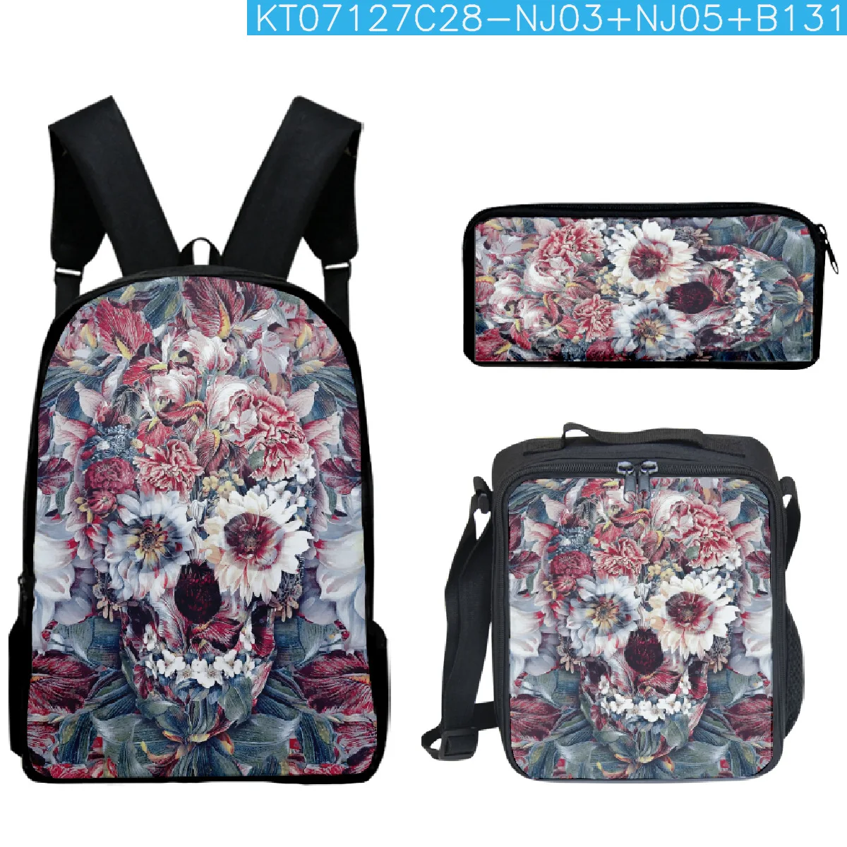 3psc/set Flower Skull Backpack Primary Middle School Students Boys Girls Schoolbag Lunch Bag Pen Case 3D Oxford Travel Backpack