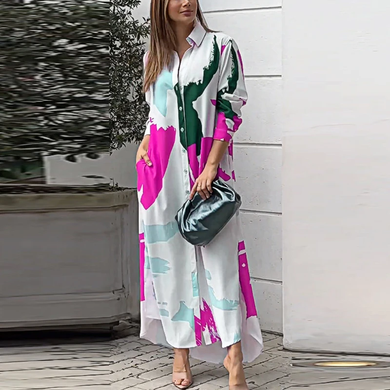 Fashion Women Maxi Long Dress Turn Down Collar Shirt Women Autumn Button  Party Dresses For Women Print Pocket Loose Robe - AliExpress 200000345