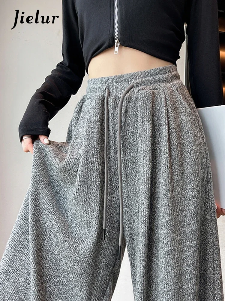 Jielur Grey Loose Knitting Casual Women's Pants High Waist Simple Drawstring Fashion Female Streetwear Pure Color Wide Leg Pants