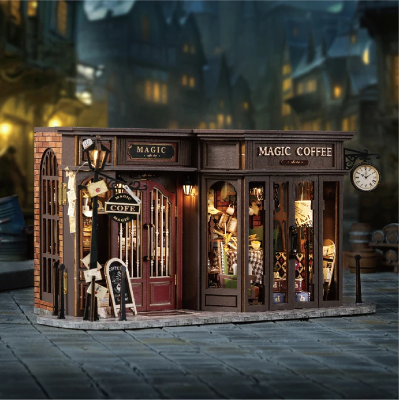 DIY Wooden Miniature Model Kit Magic Coffee Shop Casa Doll Houses 3D Puzzle Dollhouse With Furniture for Friends Christmas Gifts 3