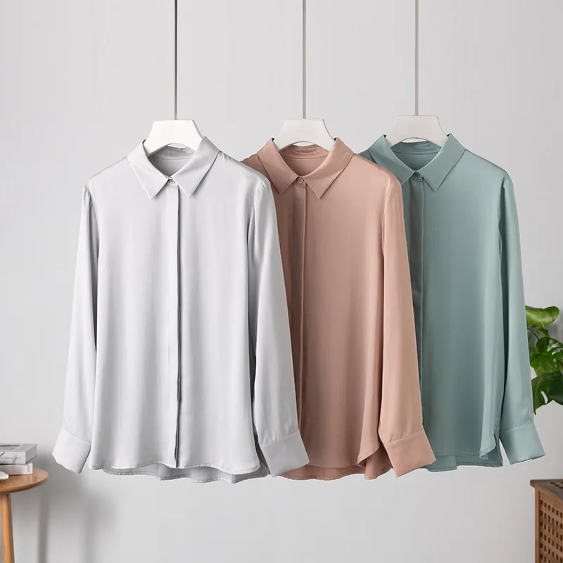 

2023 Spring New Silk Shirt Commuter Silk Long Sleeve Loose Satin Shirt Sandwashed Crepe Satin Women's Shirt Large Women's Wear