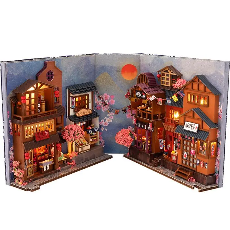 Japanese Style DIY BookNook Kit Decorative Bookend Insert Bookcase Book Stand Miniature House with LED Light Creative Gift