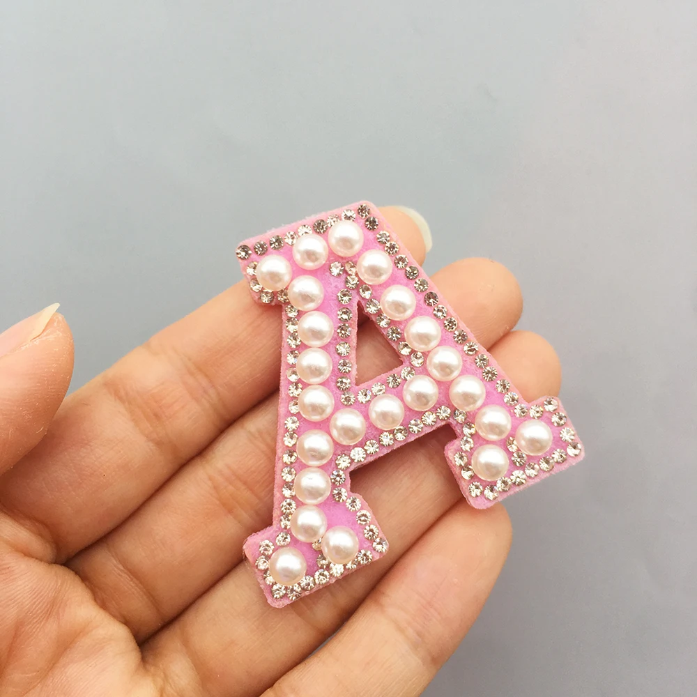 Pink Yellow Letter Patches Gradient Pearl Beads Rhinestone Iron On Patch  For Clothes English Alphabet Applique Badges 1pcs - Patches - AliExpress