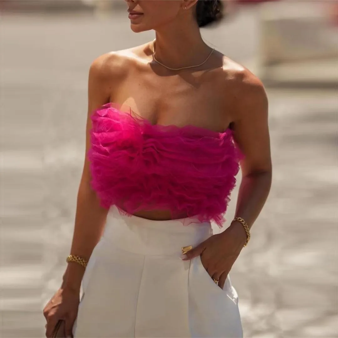 

Hot Pink Tiered Tutu Summer Blouse Women Fashion Illusion Beach Party Top Puffy Strapless Ruffled Short Tulle Tops Handmade