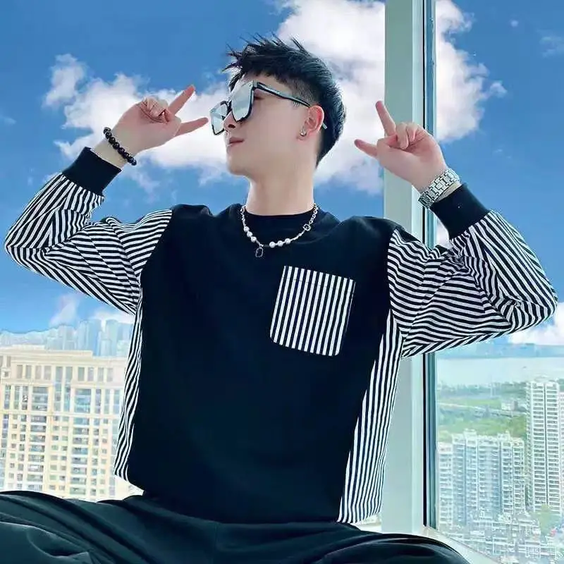 Sweat-shirt à col ras du cou pour hommes, rayé, Patchwork, mode, coupe ample, confortable, pull décontracté, haut tendance, Y2K, Harajuku