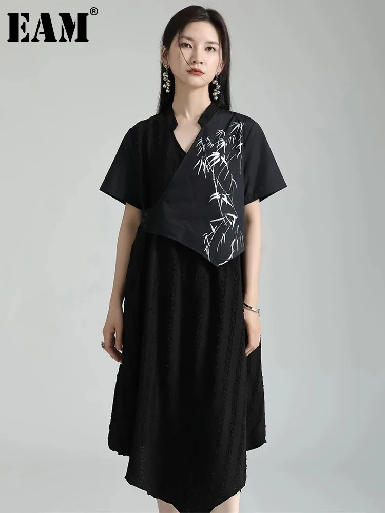 

Женское асимметричное длинное платье EAM, черное свободное платье-рубашка с V-образным вырезом и коротким рукавом, весна-лето 2024