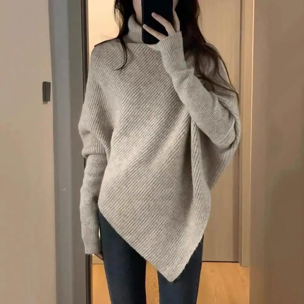 

Elegant Commuting Sweater Cozy High Collar Bat Sleeve Sweater for Women Warm Soft Irregular Hem Pullover with Elastic Loose Fit