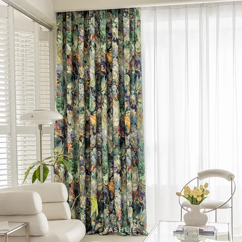 Living Dining Room Bedroom Oil Painting American Retro Printing Abstract Light Luxury Cotton Linen Pastoral Curtains 3