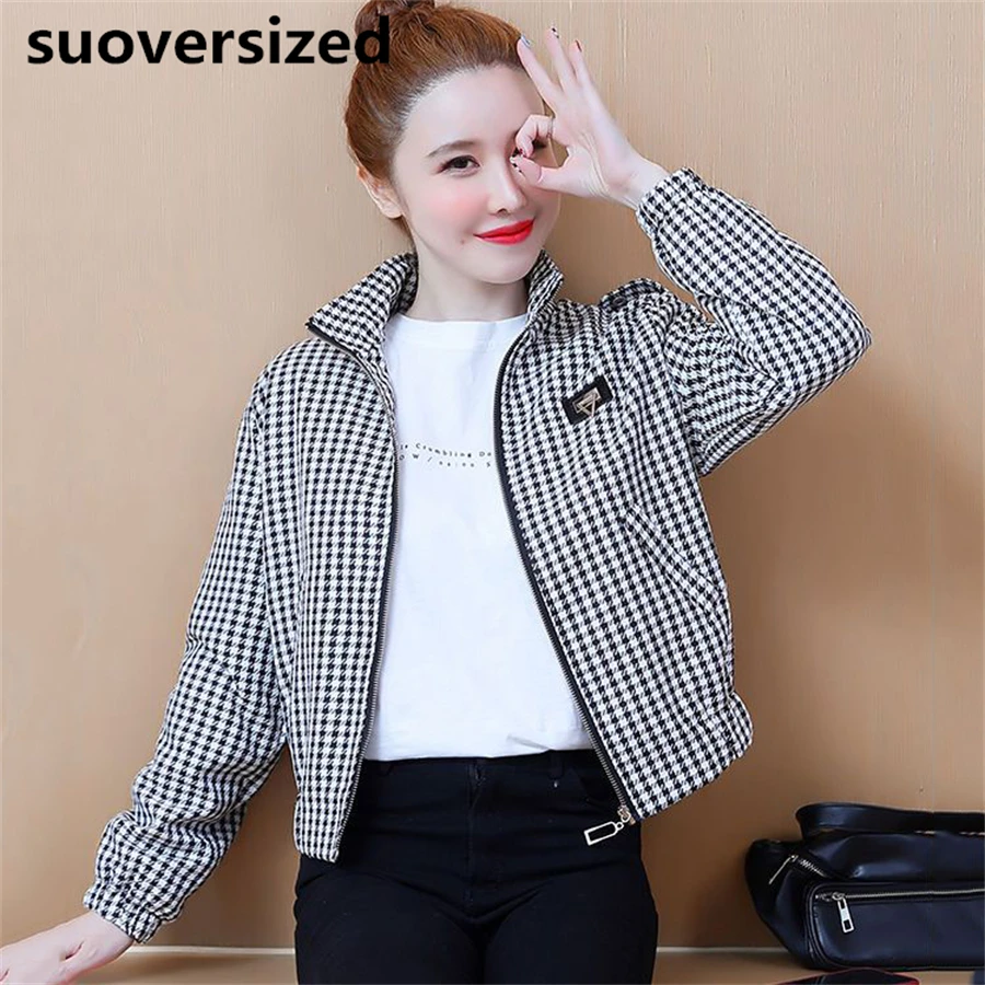 

Houndstooth Vintage Casual Short Jackets Spring Fall Korean Fashion Coat Outwear Female Elegant Chaquetas New Retro Curto Casaco